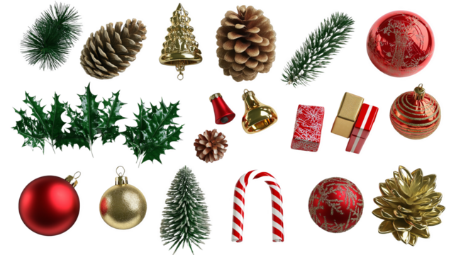A Collection of Various Christmas Accessories Including Ornaments, Candy Canes, and Bells on a White Background