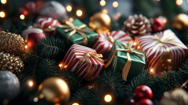 A mesmerizing collection of wrapped presents and holiday ornaments with twinkling lights, nestled in vibrant greenery for festive occasions.