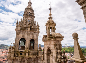 Rich decorated classicistic bell tower of the famous cathedral in Santiago de Compostela in Galicia