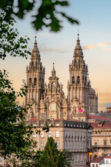 Fototapeta premium Sunset over Santiago de Compostela seen from the famous cathedral viewpoint in the Alameda park, Galicia