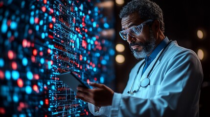 A scientist analyzes data on a tablet in front of a digital display.