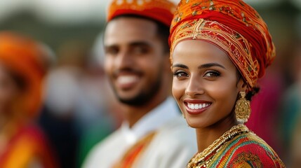 Fototapeta premium Radiant newlyweds beaming with joy adorned in vibrant traditional Ethiopian wedding costumes and ornaments amid the lively festivities of a cultural in their local community