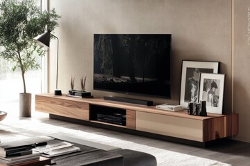 Modern Minimalist Living Room with Wooden TV Stand and Decor