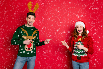 Photo of funny lady and guy directing fingers empty space advising good choice wear knitted ugly ornament pullovers isolated red color background