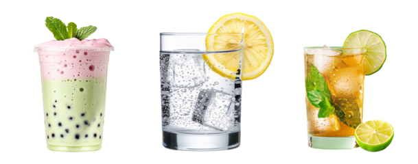 Bubble tea drink that with tapioca pearls and ice, ginger bear ale and sparkling water isolated on white transparent background.