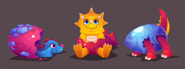 Cute dinosaur baby hatch egg. Dino born vector. Triceratops and brontosaurus paleontology kid character crack shell design for comic prehistoric fairytale illustration. Ancient jungle monster set © klyaksun