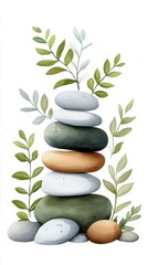 Obraz premium A peaceful stack of stones adorned with lush green leaves, symbolizing harmony and balance.