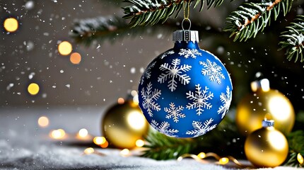 blue and gold christmas ornaments with snowflakes