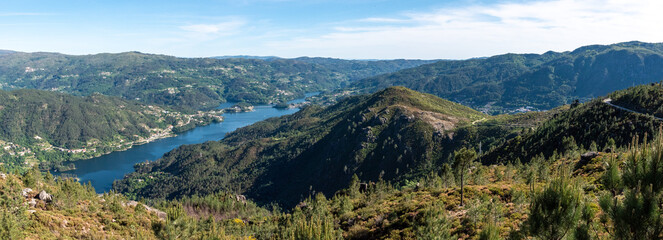 Scenic panoramic view from lake Cavado in the Peneda Geres National Park, seen from Voltas de Sao Bento viewpoint, Portugal