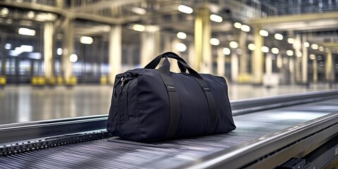 A black duffel bag sits on a luggage conveyor belt in an airport.