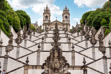 Famous scenic baroque stairway to pilgrim basilica Bom Jesus do Monte in Braga