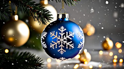 blue ball christmas ornament with snowflake pattern hanging on tree branch