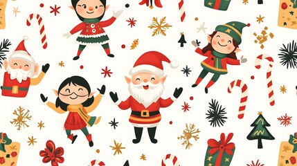 A seamless Christmas pattern of cute cartoon holiday icons like Santa elves and candy canes