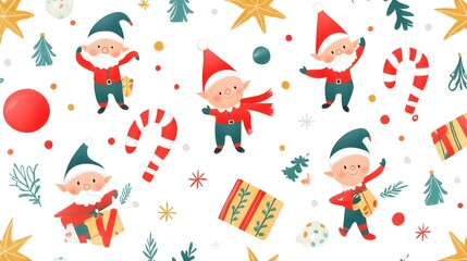 Naklejka premium A seamless Christmas pattern of cute cartoon holiday icons like Santa elves and candy canes