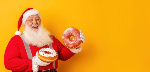Joyful santa in festive red outfit holding sprinkled donuts against vibrant yellow backdrop. holiday cheer, sweets, and playful seasonal fun.