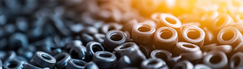 Close-up of black rubber grommets arranged in various patterns, showcasing industry material...