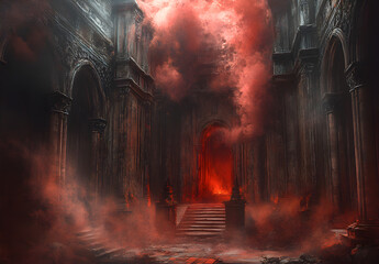 A large gothic cathedral with red smoke billowing through its arches, leading to a dark doorway.