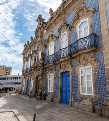Beautiful blue tiled facade of Palacio do Raio in Braga city center, Portugal