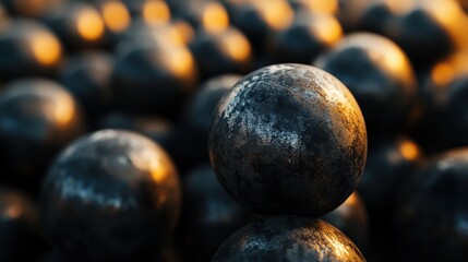 Close-up of metallic spheres with detailed texture illuminated by warm light.