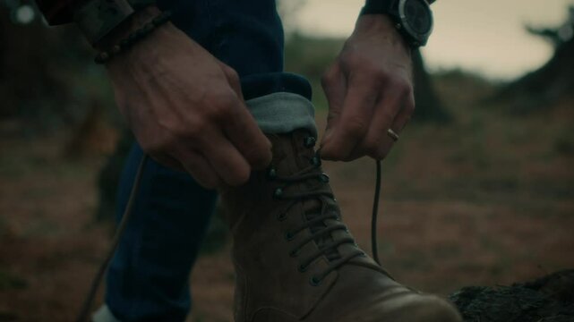 Man hiking, walking in the natural forest, lacing his boots, nature. Trekking with a backpack walks through the forest. 