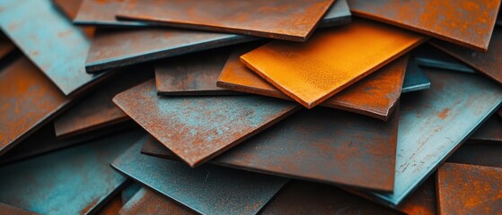 Close-up of stacked metal plates showcasing a variety of textures and colors, including rust and vibrant hues.