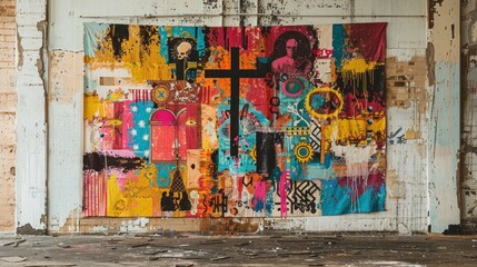 Colorful abstract mural with cross on grungy warehouse wall. art, urban decay, and creativity.