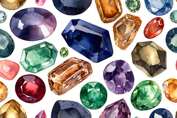 Watercolor background with gemstones on white