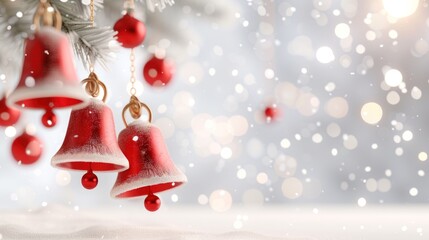 Festive red bells and snowflakes on a twinkling winter background. perfect for holiday greetings and joyful celebrations.
