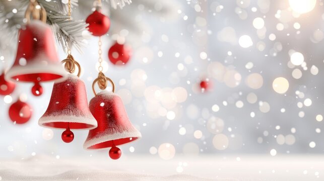 Festive red bells and snowflakes on a twinkling winter background. perfect for holiday greetings and joyful celebrations.