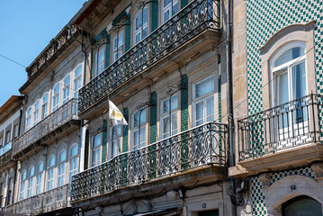 Traditional house facade with ceramic tiles and balconies in Viana do Castelo