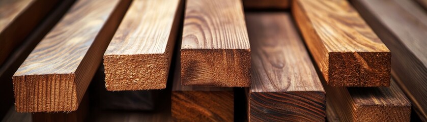 Close-up of various wooden planks, showcasing different textures and grains, ideal for construction and woodworking visuals.