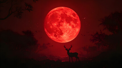 A lone deer silhouetted against a red moon.