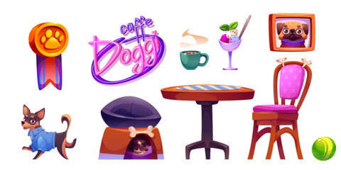 Table for dog friendly cafe furniture vector set. Pet care restaurant business interior with coffee for lunch. Animal paw for modern office and neon sign lamp. Medal award and picture in frame