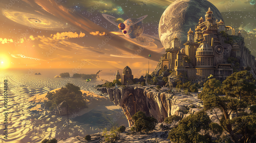 Poster bring the fusion of futuristic tech and romanticism to life in a cg 3d rendering create a panoramic 