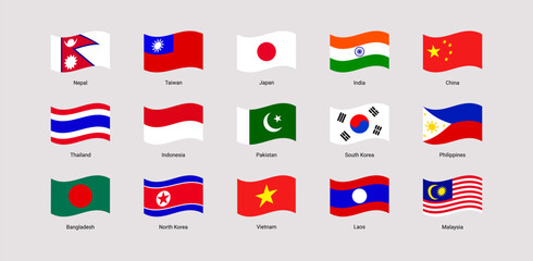 Asian states flags vector illustration. South Korea, China, India, Taiwan, Japan, Indonesia, North, Korea, Laos, Philippines national symbols set with countries names. Asia official waved flags icons