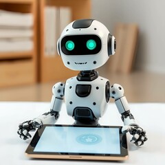 Ai robot using tablet isolate on plain background 