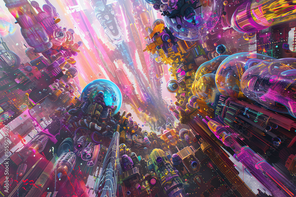 Poster capture a high-angle view of a futuristic robot dance party in a mesmerizing underwater setting util
