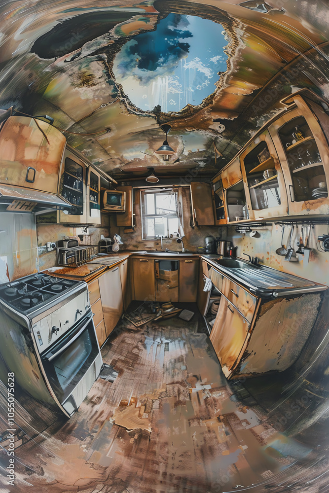 Poster capture a panoramic view of a post-apocalyptic kitchen, infusing surrealism through unique camera an