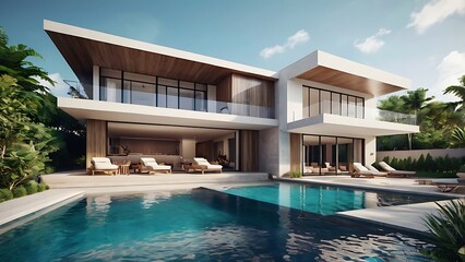 Fototapeta premium Luxury beach house with sea view swimming pool in modern design, Vacation home for big family. 3d rendering of building and swimming pool