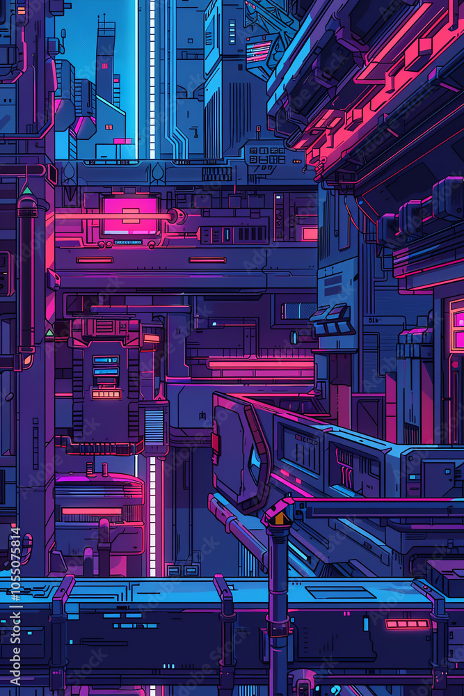 Fototapete capture a pixel art representation of a tilted angle view showcasing futuristic technologies in a vi
