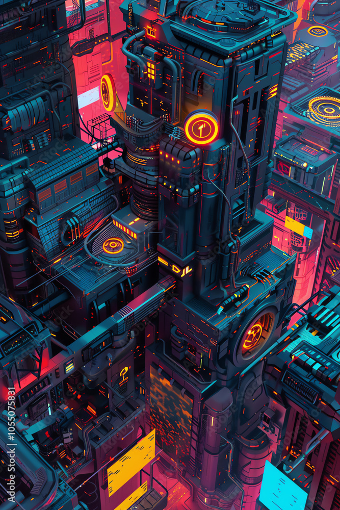 Fototapete capture a pixel art representation of a tilted angle view showcasing futuristic technologies in a vi