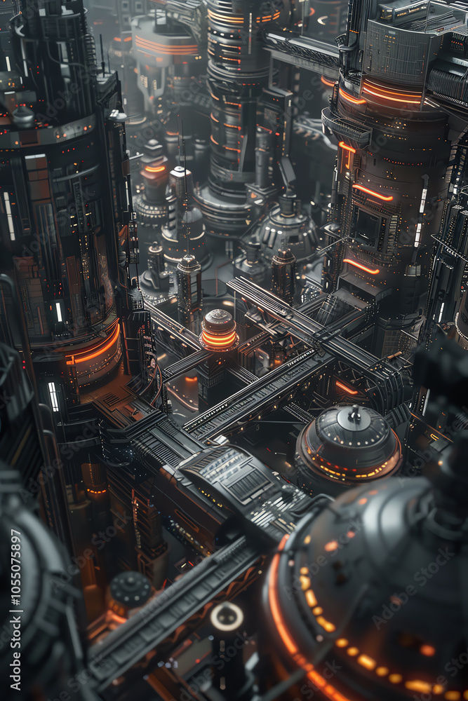 Poster capture a surreal landscape of futuristic technologies from an aerial view using photorealistic digi