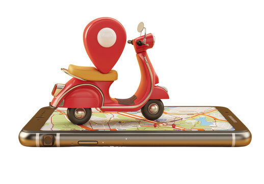 Red Scooter Model on Smartphone with Map and Location Pin Icon.