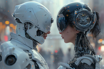 Fototapeta premium Capture an eye-level angle of futuristic technologies intertwining with romantic stories, utilizing unexpected camera angles to enhance the narrative Explore the contrast between advanced tech and hea