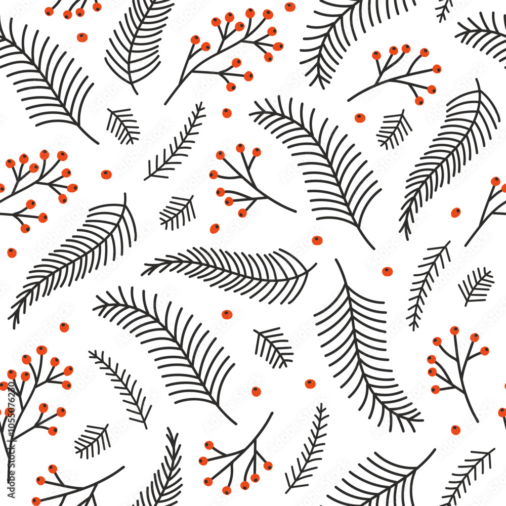 Aufkleber seamless pattern with spruce branches and rowan on a white background. christmas ornament for wrappi
