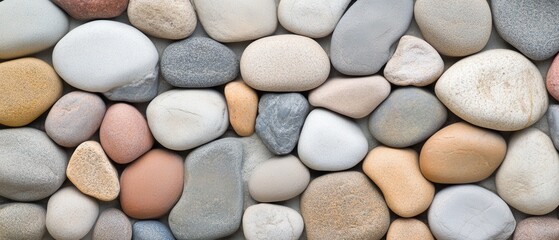 Colorful smooth pebbles stacked harmoniously on a surface, showcasing nature's beauty and variety in texture and shape.
