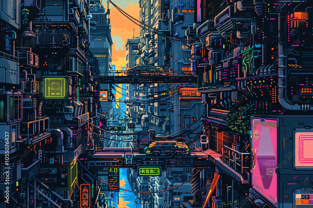Poster capture the essence of a futuristic cityscape in a pixel art scene from an unexpected birds eye view