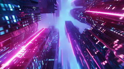 Obraz premium Capture the essence of dynamic abstraction in a cyberpunk world through CG 3D rendering, showcasing a mesmerizing low-angle view of a futuristic cityscape