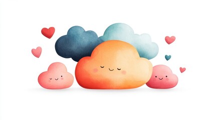Cute and colorful cartoon clouds with hearts, perfect for children's themes or creative designs.