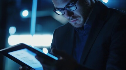 Professional Man Using Tablet in Dim Light Setting